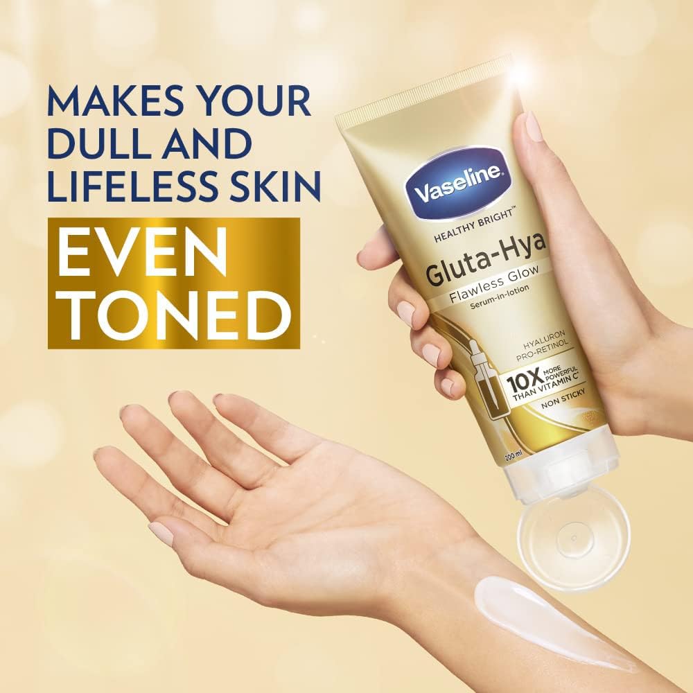 Vaseline Gluta-Hya Flawless Glow Lotion for Face & Body | Gives Brighter Skin | Glutathione & Pro-Retinol Infused Moisturizer, 200ml