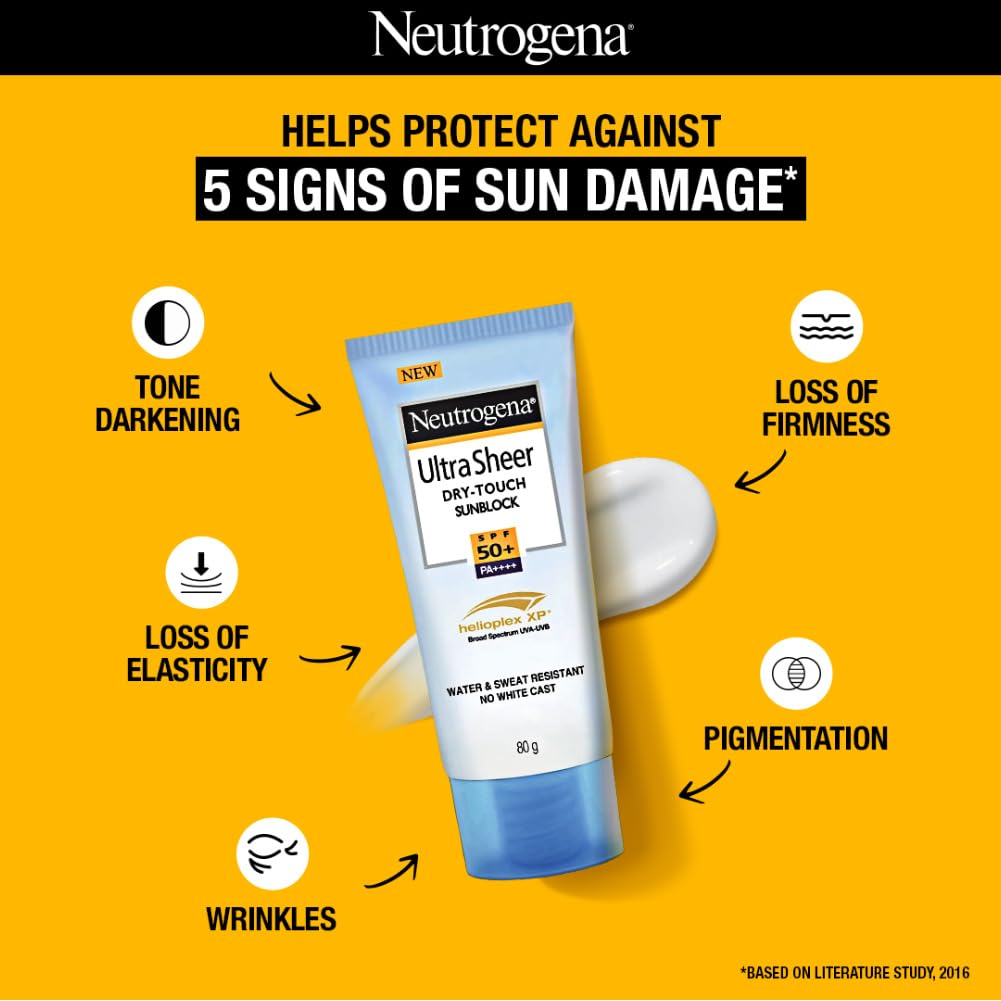 Neutrogena Ultra Sheer Sunscreen SPF 50+ | Broad Spectrum UVA/UVB | Blue light protect | No White Cast | Water resistant, Ultra light & Non sticky | Oily, Dry & Sensitive Skin | 80 g