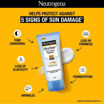 Neutrogena Ultra Sheer Sunscreen SPF 50+ | Broad Spectrum UVA/UVB | Blue light protect | No White Cast | Water resistant, Ultra light & Non sticky | Oily, Dry & Sensitive Skin | 80 g